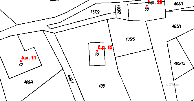 Chutnovka 15, Mírová pod Kozákovem na parcele st. 40 v KÚ Sekerkovy Loučky, Katastrální mapa