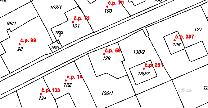 Těchov 59, Blansko na parcele st. 129 v KÚ Těchov, Katastrální mapa