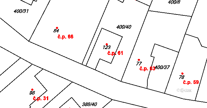 Horní Stakory 61, Kosmonosy na parcele st. 123 v KÚ Horní Stakory, Katastrální mapa