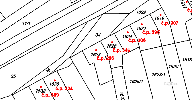 Velký Týnec 296 na parcele st. 1628 v KÚ Velký Týnec, Katastrální mapa