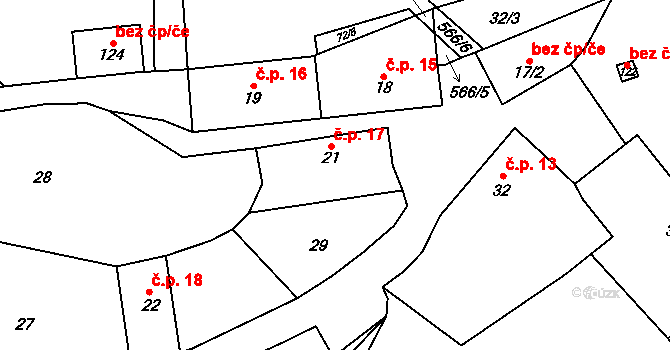 Hvozdec 17 na parcele st. 21 v KÚ Hvozdec, Katastrální mapa