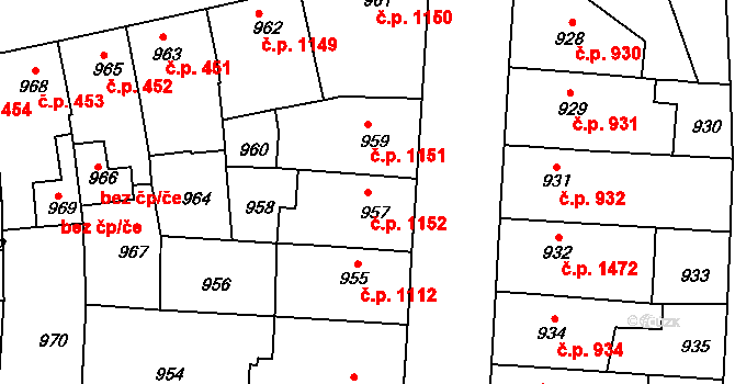 Roudnice nad Labem 1152 na parcele st. 957 v KÚ Roudnice nad Labem, Katastrální mapa
