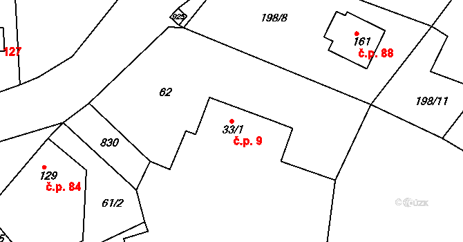 Libošovice 9 na parcele st. 33/1 v KÚ Libošovice, Katastrální mapa
