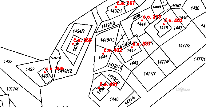 Miřetice u Klášterce nad Ohří 402, Klášterec nad Ohří na parcele st. 1441 v KÚ Miřetice u Klášterce nad Ohří, Katastrální mapa