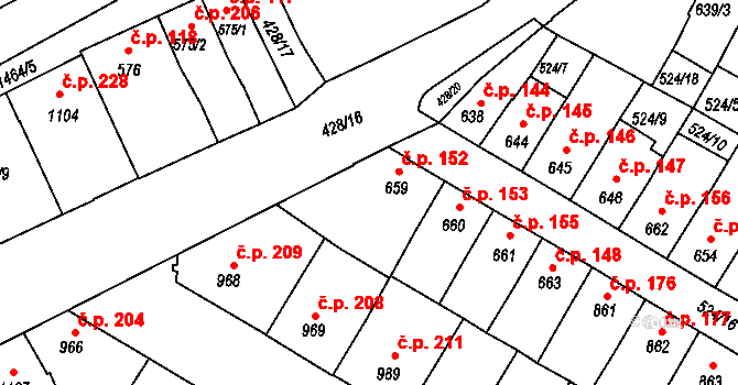 Stařečka 152, Třebíč na parcele st. 659 v KÚ Třebíč, Katastrální mapa