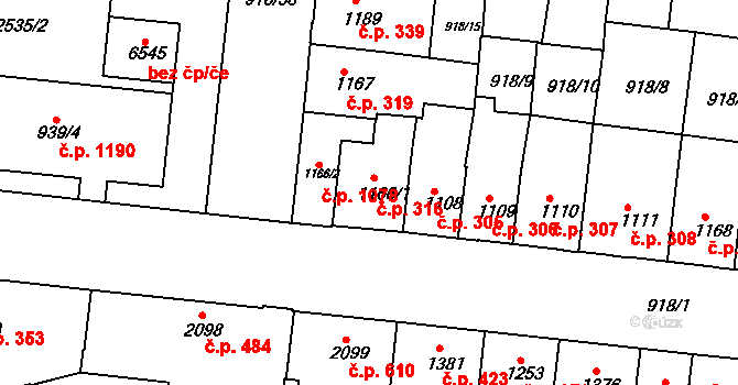 Horka-Domky 316, Třebíč na parcele st. 1166/1 v KÚ Třebíč, Katastrální mapa