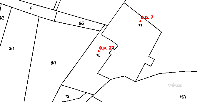 Milonice 21 na parcele st. 10 v KÚ Milonice u Lipůvky, Katastrální mapa