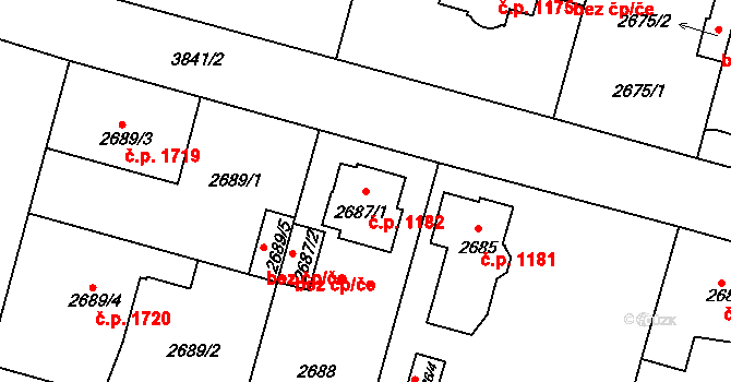 Horní Počernice 1182, Praha na parcele st. 2687/1 v KÚ Horní Počernice, Katastrální mapa