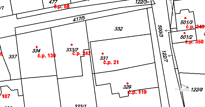 Šeberov 21, Praha na parcele st. 331/1 v KÚ Šeberov, Katastrální mapa