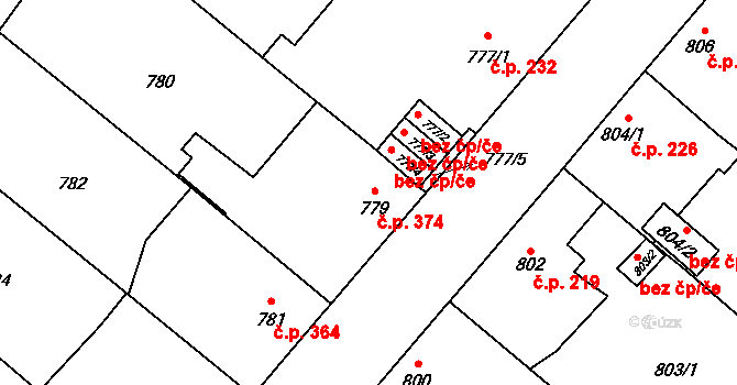 Suchdol nad Lužnicí 374 na parcele st. 779 v KÚ Suchdol nad Lužnicí, Katastrální mapa