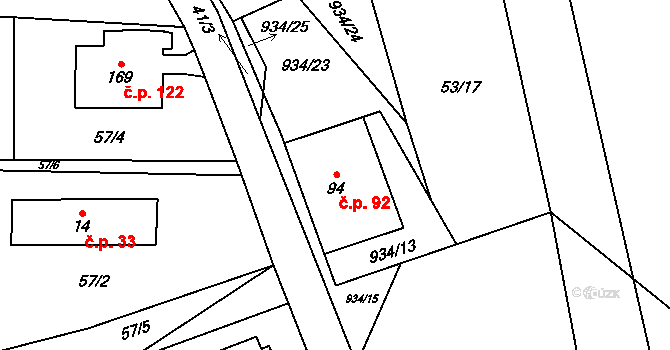 Kostelní Radouň 92 na parcele st. 94 v KÚ Kostelní Radouň, Katastrální mapa