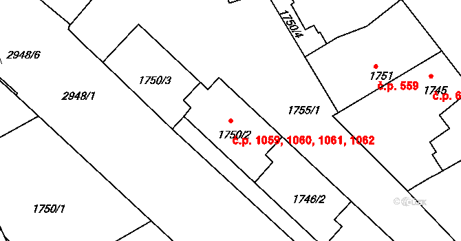 Braník 1059,1060,1061,1062, Praha na parcele st. 1750/2 v KÚ Braník, Katastrální mapa