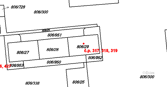 Malešice 317,318,319, Praha na parcele st. 806/29 v KÚ Malešice, Katastrální mapa