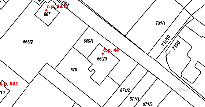 Rumburk 1 44, Rumburk na parcele st. 669/3 v KÚ Rumburk, Katastrální mapa