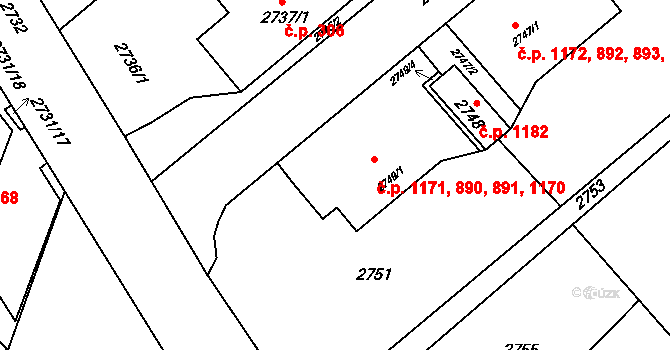 Kuřim 890,891,1170,1171 na parcele st. 2749/1 v KÚ Kuřim, Katastrální mapa