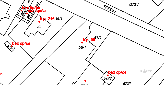 Ráj 98, Karviná na parcele st. 50/1 v KÚ Ráj, Katastrální mapa