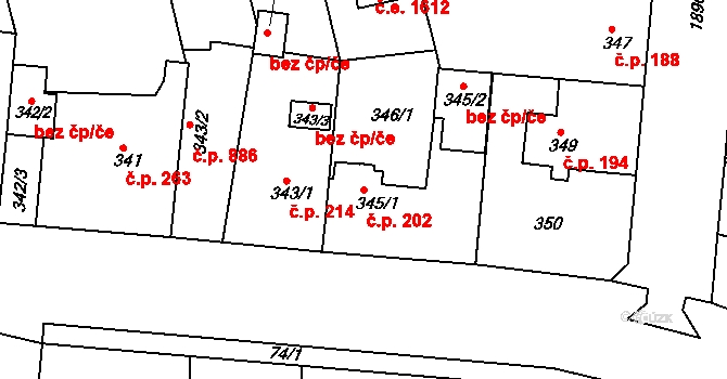 Černice 202, Plzeň na parcele st. 345/1 v KÚ Černice, Katastrální mapa