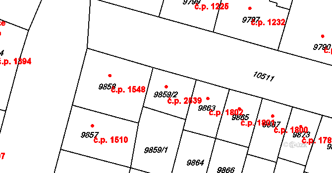 Jižní Předměstí 2539, Plzeň na parcele st. 9859/2 v KÚ Plzeň, Katastrální mapa