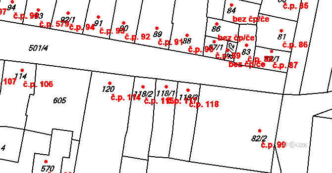 Čechovice 117, Prostějov na parcele st. 118/1 v KÚ Čechovice u Prostějova, Katastrální mapa