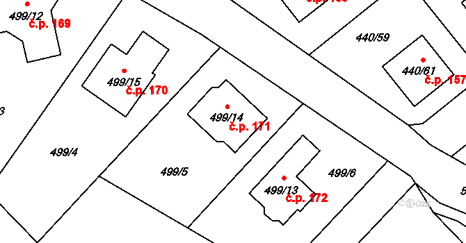 Olešník 171 na parcele st. 499/14 v KÚ Olešník, Katastrální mapa