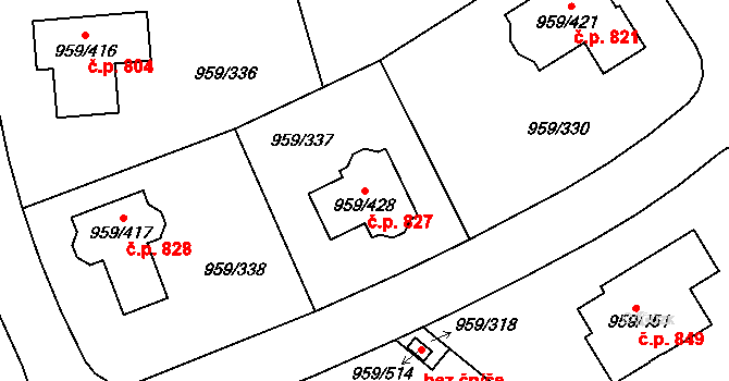 Průhonice 827 na parcele st. 959/428 v KÚ Průhonice, Katastrální mapa