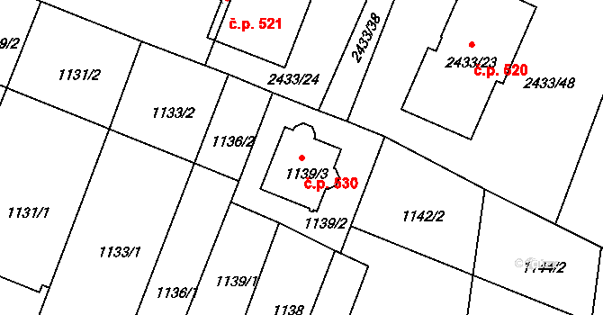 Dačice V 530, Dačice na parcele st. 1139/3 v KÚ Dačice, Katastrální mapa