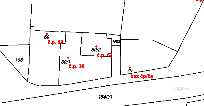 Ledčice 53 na parcele st. 69/2 v KÚ Ledčice, Katastrální mapa