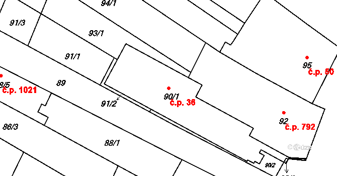 Lužice 36 na parcele st. 90/1 v KÚ Lužice u Hodonína, Katastrální mapa