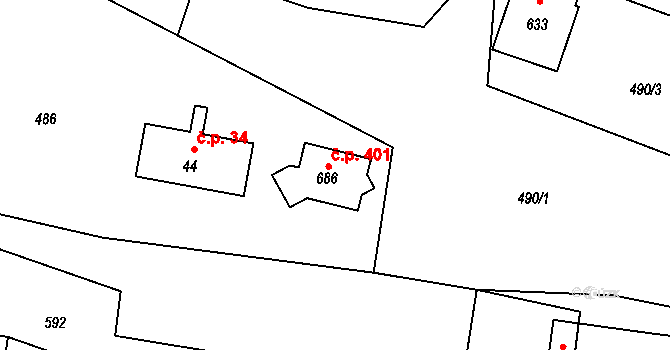 Nová Ves 401, Frýdlant nad Ostravicí na parcele st. 686 v KÚ Nová Ves u Frýdlantu nad Ostravicí, Katastrální mapa