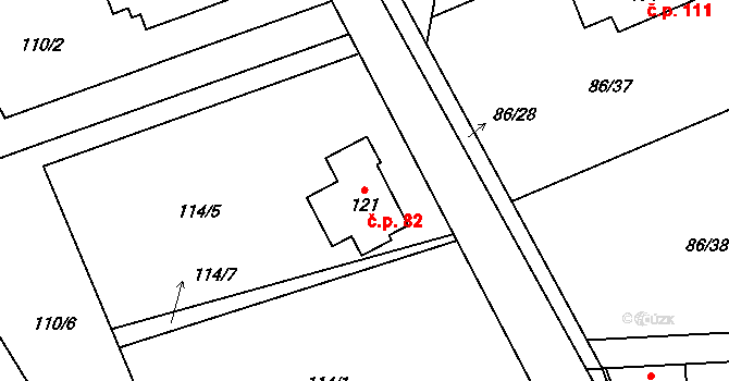 Třebín 82, Dubné na parcele st. 121 v KÚ Třebín, Katastrální mapa