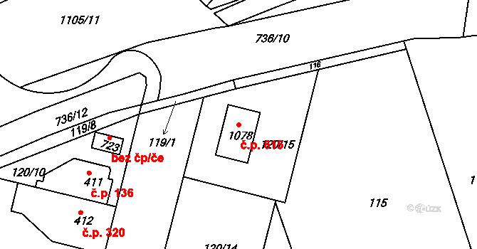 Smiřice 615 na parcele st. 1078 v KÚ Smiřice, Katastrální mapa