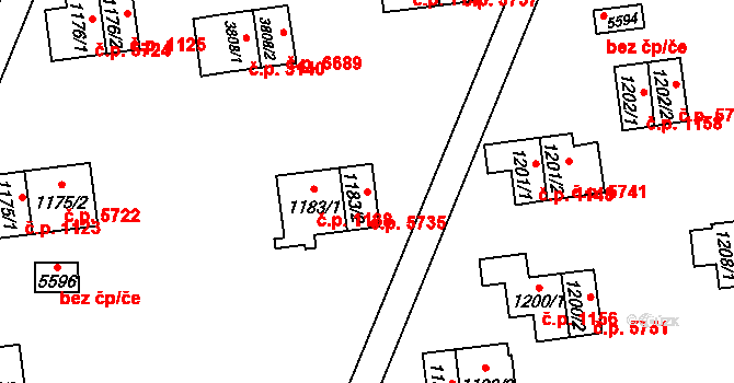 Zlín 5735 na parcele st. 1183/2 v KÚ Zlín, Katastrální mapa