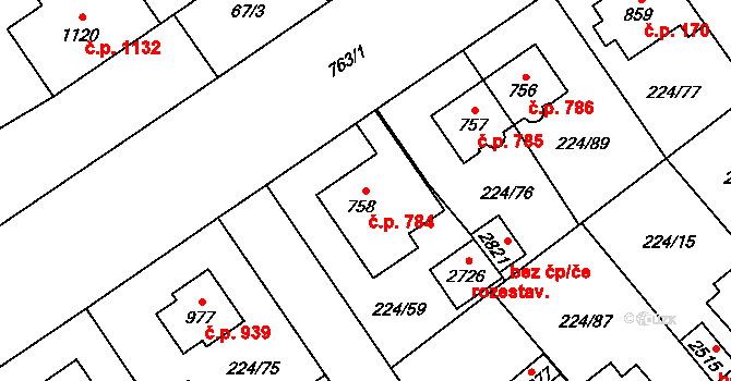 Mariánské Hory 784, Ostrava na parcele st. 758 v KÚ Mariánské Hory, Katastrální mapa