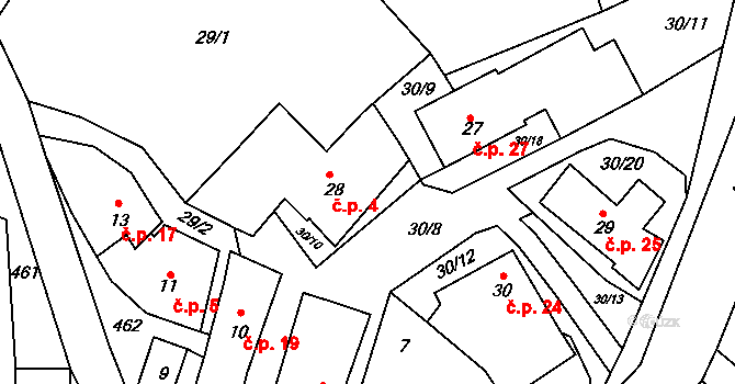 Čtyři Dvory 4, Prosetín na parcele st. 28 v KÚ Čtyři Dvory, Katastrální mapa