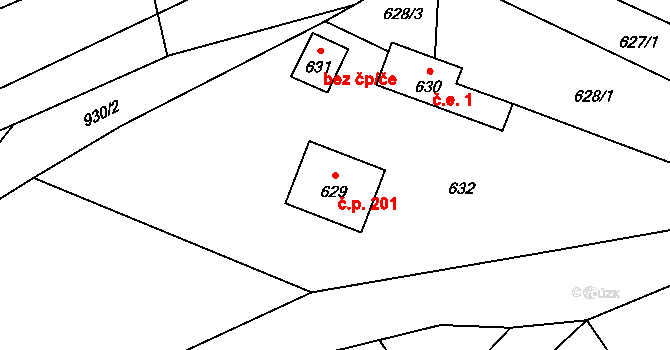 Dolní Životice 201 na parcele st. 629 v KÚ Dolní Životice, Katastrální mapa