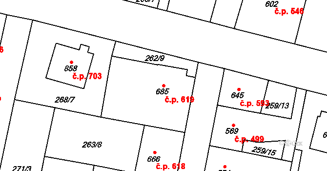Budišov nad Budišovkou 619 na parcele st. 685 v KÚ Budišov nad Budišovkou, Katastrální mapa