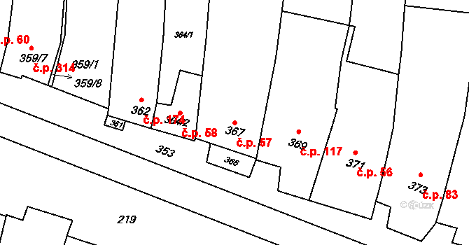 Kobeřice u Brna 57 na parcele st. 367 v KÚ Kobeřice u Brna, Katastrální mapa
