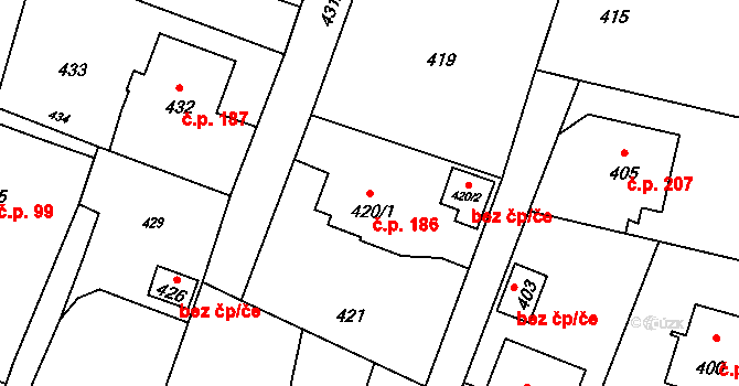 Těškovice 186 na parcele st. 420/1 v KÚ Těškovice, Katastrální mapa