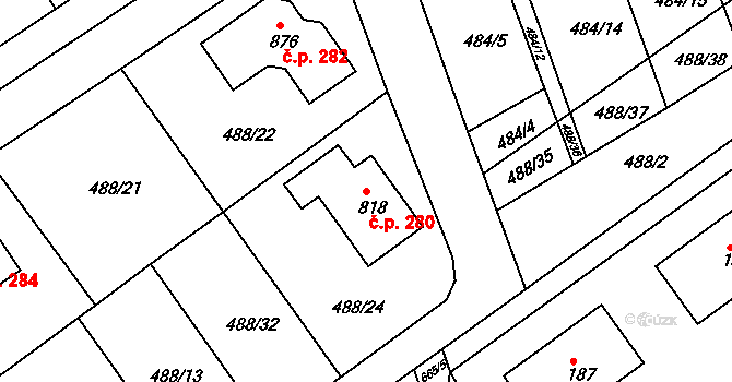 Prachovice 280 na parcele st. 818 v KÚ Prachovice, Katastrální mapa