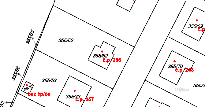 Strupčice 256 na parcele st. 355/62 v KÚ Strupčice, Katastrální mapa