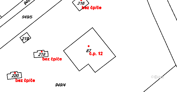 Pyskočely 12, Vlkančice na parcele st. 87 v KÚ Vlkančice, Katastrální mapa