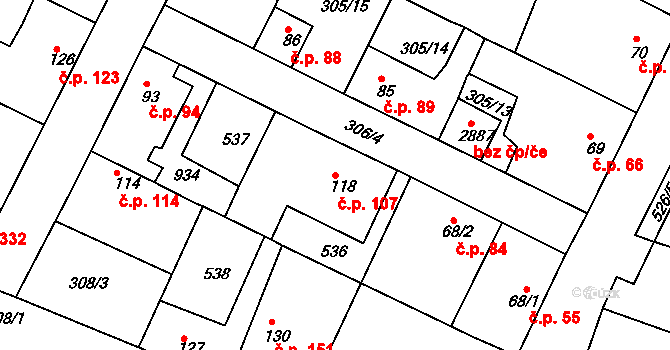 Neratovice 107 na parcele st. 118 v KÚ Neratovice, Katastrální mapa