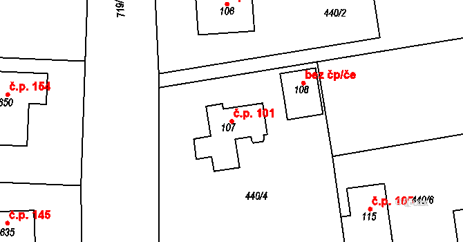 Kytín 101 na parcele st. 107 v KÚ Kytín, Katastrální mapa