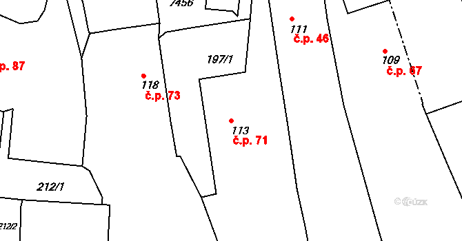 Pocinovice 71 na parcele st. 113 v KÚ Pocinovice, Katastrální mapa