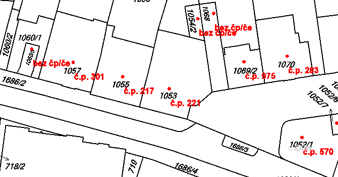 Hronov 221 na parcele st. 1053 v KÚ Hronov, Katastrální mapa