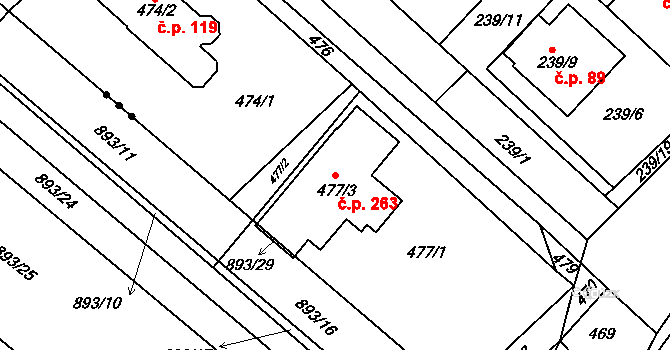 Rebešovice 263 na parcele st. 477/3 v KÚ Rebešovice, Katastrální mapa