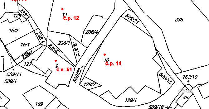 Pivonín 11, Zábřeh na parcele st. 10 v KÚ Pivonín, Katastrální mapa