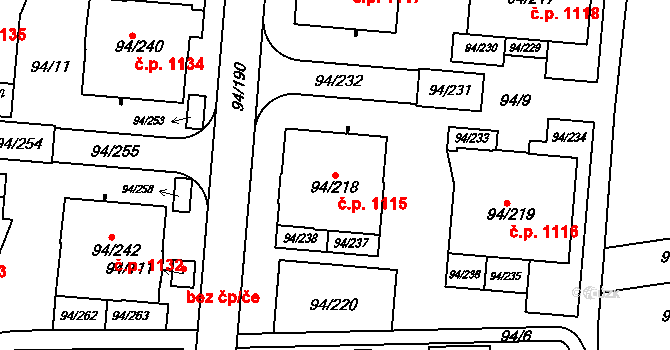 Slivenec 1115, Praha na parcele st. 94/218 v KÚ Slivenec, Katastrální mapa