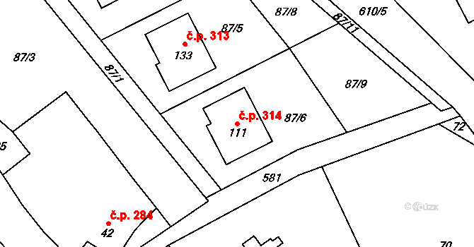 Heřmánky 314 na parcele st. 111 v KÚ Heřmánky nad Odrou, Katastrální mapa
