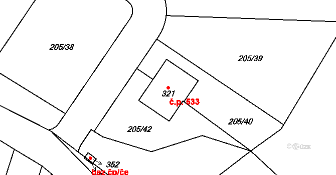 Tuchoměřice 533 na parcele st. 321 v KÚ Kněžívka, Katastrální mapa